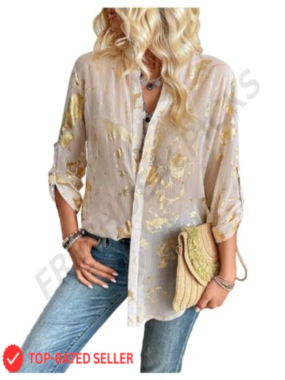 Women's Sheer Floral Button Down Long Sleeve Blouse